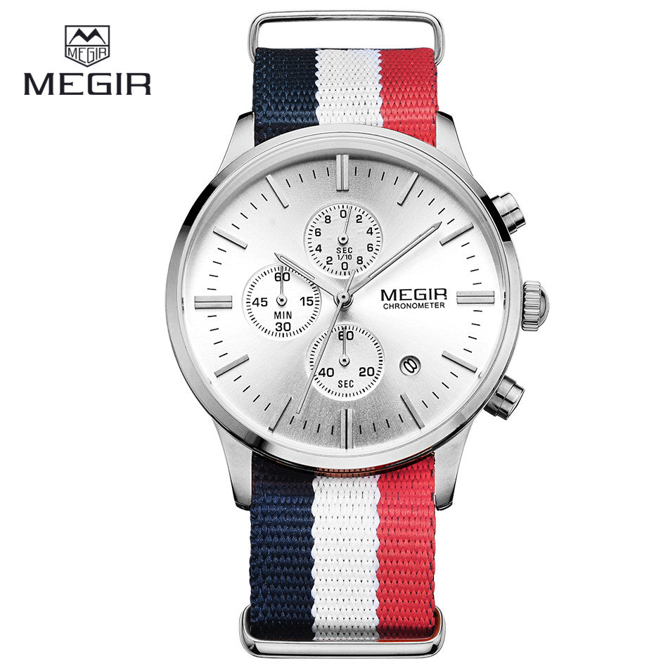 MEGIR Sports Watch Chronograph 24 Hours Men Fashion Casual Clock Blue Red Nylon Band Sport Watch Men Wristwatch