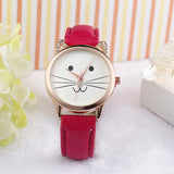 Mance-X Fashion Neutral Diamond Lovely Cute Cat Face Faux Leather cartoon Quartz Watch Women Dress Wrist Watch