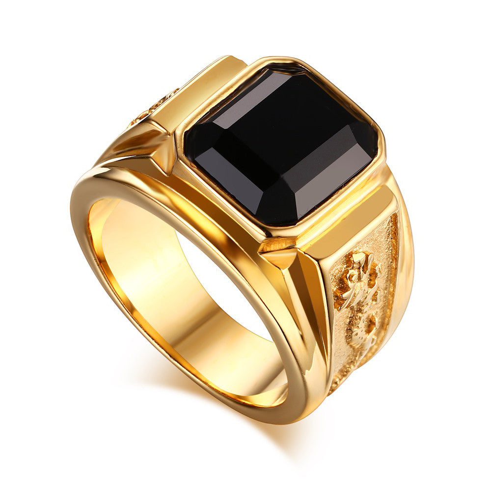 Men's Gold Plated Ring Black Large Agate Stone 316L Stainless Steel Jewelry For Men Rhineston Charm Wedding Dragon Rings Men