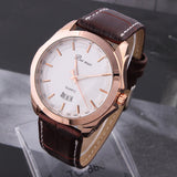 Men's Leather Watches Analog rose gold Steel Case Quartz Watch with Calendar Fashion Casual Wristwatch