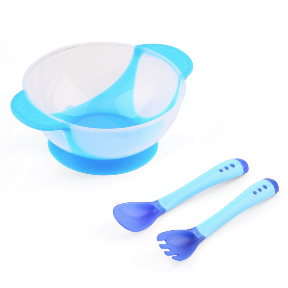 The Best Price Baby Bowl 3Pcs/Set Baby Learnning Dishes with Suction Cup Temperature Sensing Spoon and Fork Baby Tableware