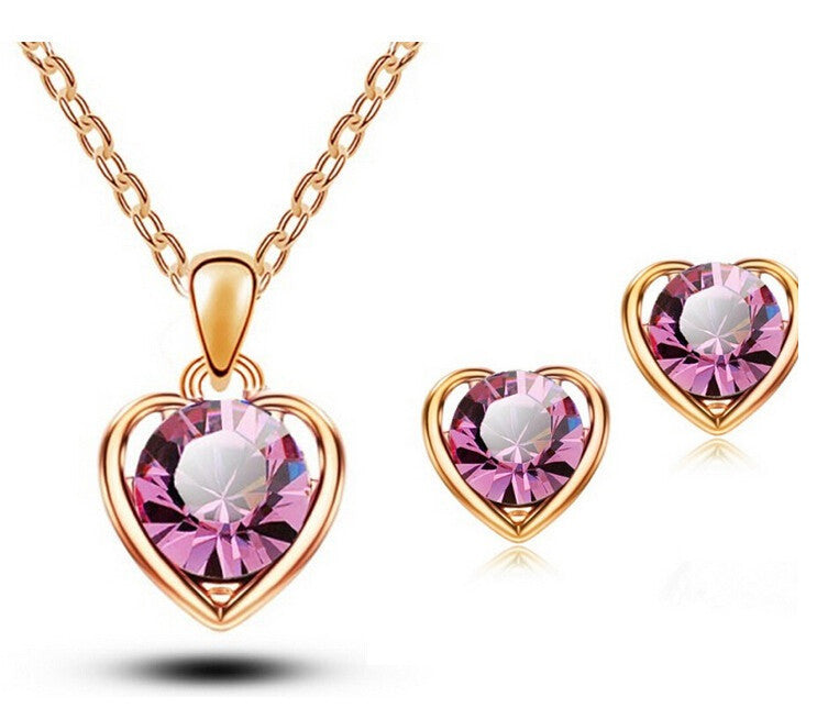 New Arrival 18K Gold & Silver Plated Crystal Heart Shape Fashion Costume Jewelry Sets for Women Necklace Earrings Sets