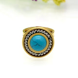 New Arrival Fashion Jewelry Vintage Stainless Steel Antique 18K Gold And Silver Plated Personality White Round Turquoise Ring