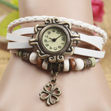 New Fashion Leather Watch Four Leaf Clover Pendant Quartz Watches Women Vintage Hand Knit Ladies Bracelet Watch