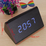 High Quality Black Wood Triangular Blue LED Alarm Digital Desk Clock Wooden Thermometer