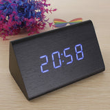 High Quality Black Wood Triangular Blue LED Alarm Digital Desk Clock Wooden Thermometer