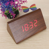 New Brown Wood Triangular Red LED Alarm Digital Desk Clock Wooden Thermometer