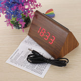 New Brown Wood Triangular Red LED Alarm Digital Desk Clock Wooden Thermometer
