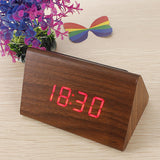 New Brown Wood Triangular Red LED Alarm Digital Desk Clock Wooden Thermometer