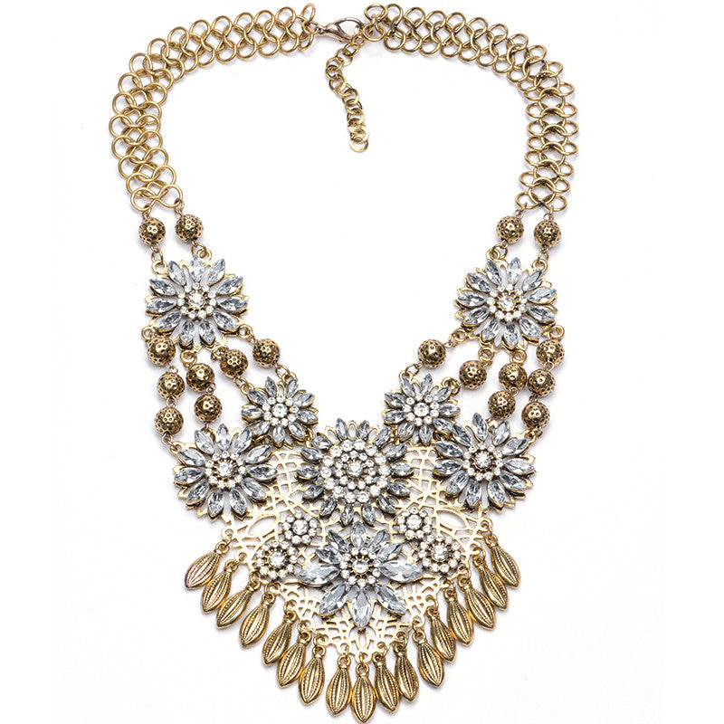 New Fashion Vintage Crystal Necklace Pendant Women 4 Layies Luxury Crystal Flower Beads Choker Statement Necklace Black Kolye