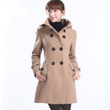 New Fashion Winter Wool Coat Women Coat Women's Slim Long Blend Hooded Collor Double Breasted Coat Outerwear