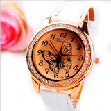 New Fashion Women Wristwatch Cute Butterfly Pattern Rhinestone Casual Watch PU Leather Quartz Dress Watch Women Ladies Watch
