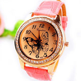 New Fashion Women Wristwatch Cute Butterfly Pattern Rhinestone Casual Watch PU Leather Quartz Dress Watch Women Ladies Watch