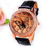 New Fashion Women Wristwatch Cute Butterfly Pattern Rhinestone Casual Watch PU Leather Quartz Dress Watch Women Ladies Watch