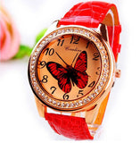 New Fashion Women Wristwatch Cute Butterfly Pattern Rhinestone Casual Watch PU Leather Quartz Dress Watch Women Ladies Watch