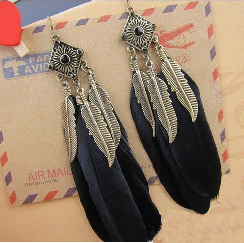 New Fashion Charms Vintage Leather Drop Long Earrings feather black dangle earrings Jewellery
