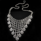 New AntiqueTibetan Silver Bohemian Style Metal Carving Coin Flower Long Tassel Statement Necklaces