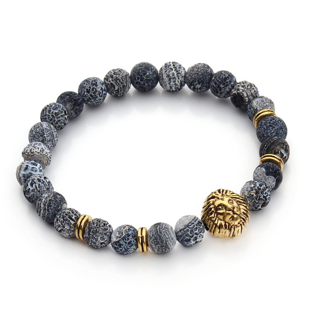 New Antique Silver/Gold Plated Buddha Leo Lion Head Bracelet Men 8mm Natural Agate Beads Bracelets Pulseras Hombre