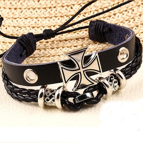 New Design Fashion Vintage metal Cross Adjustable Bracelet jewelry Multilayer Leather men Bracelet
