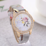 New Fashion Chinese Style Peony Pattern Watch Gilt Digital Quartz Casual Leather Clock Women Dress Cartoon Wristwatch