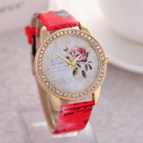 New Fashion Chinese Style Peony Pattern Watch Gilt Digital Quartz Casual Leather Clock Women Dress Cartoon Wristwatch