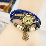 New Fashion Leather Watch Four Leaf Clover Pendant Quartz Watches Women Vintage Hand Knit Ladies Bracelet Watch