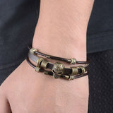 New Men 's Charm Bracelet 2015 Fashion Punk Style Black Leather Vintage Skull Bracelet Multilayer Wrap Wristband Jewelry