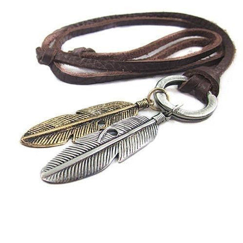 New Stylish Trendy Punk Rock Cool Mens Womens Unisex Charms Choker 2 Wings Feather Pendant Leather Necklace For Party