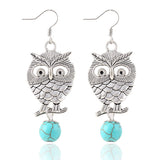 New hot sale Fashion White Silver Plated Pierced Flower Metal Owl Turquoise Pendants drop earrings jewelry for women