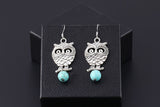 New hot sale Fashion White Silver Plated Pierced Flower Metal Owl Turquoise Pendants drop earrings jewelry for women