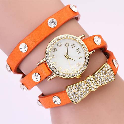 New Arrivals Women Leather Strap Watches Set Auger Bowknot Rivet Bracelet Women Dress Watches Wristwatches Luxury Drill