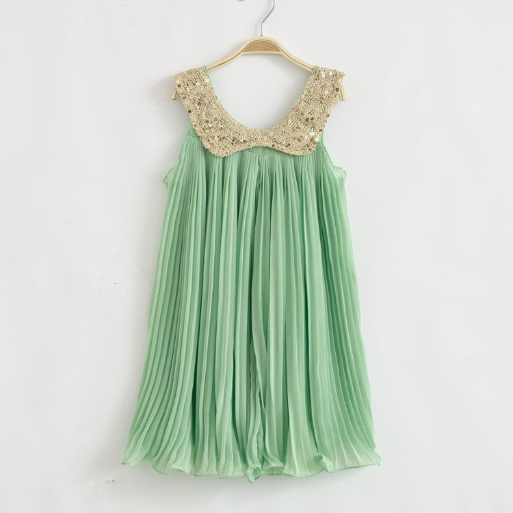 Hot sale! Summer Girls Pleated Chiffon One-Piece Dress With Paillette Collar Children Colthes For Kids Baby