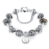 Antique 925 Silver Charm Bangle & Bracelet with Love and Flower Crystal Ball for Women Wedding