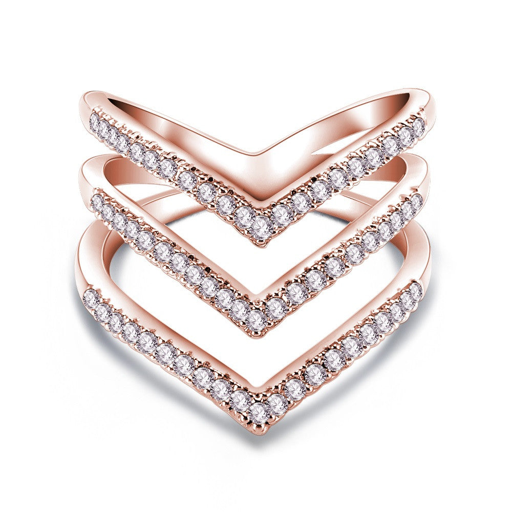 Fashion Ring Rose Golden Plated Micro CZ Diamond Fashion Three V Shape Ring for Women