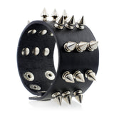 Punk Gothic Rock Three Row Metal Cone Stud Spikes Rivet Leather Wristband Bangle Wide Cuff Bracelet 