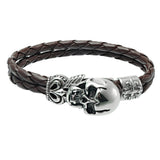 Punk Rock Men's Bracelet Stainless Steel skeleton Skull Biker Bracelet Bangle Black Leather Bracelet Braided Rope Double Layers