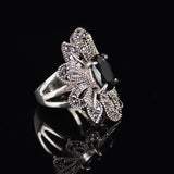 Punk Rock Ring Jewelry Silver Restoring Ancient Ways Black Agate Stones Hollow Out Female Personality Hipster Index Finger Rings