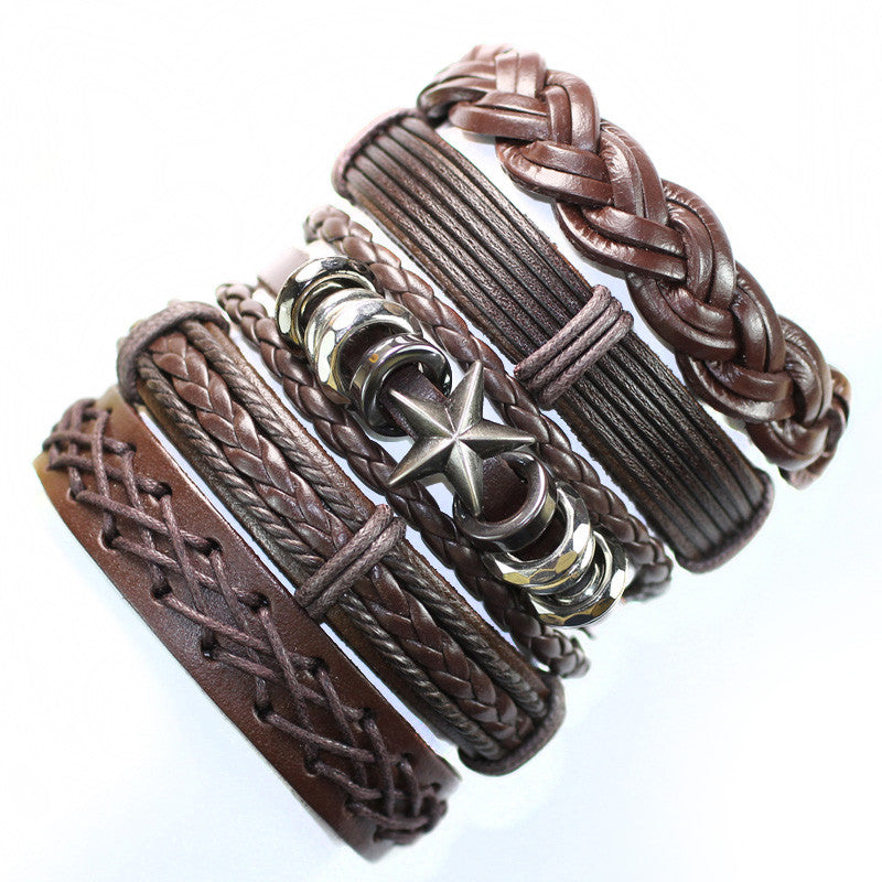 Punk bangles handmade brown ethnic genuine leather bracelet with star meta for men (5pcs/lot)