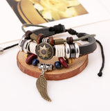 Punk Jewelry Wrap 100% Real Leather Copper Angel Wing pendant Wooden Beads Charm Bracelet & Bangle Wristband Cuff for Women