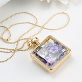 Purple Dried Flower Collares Glass Square Pendant Necklace Gold Color Long Chain Statement Necklace Women Fine Jewelry