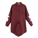 Red Women Boyfriend BF Style Monogrammed Plaid Long Sleeves Long Oversized Loose Shirt W/ Back Letter and Numbers Print