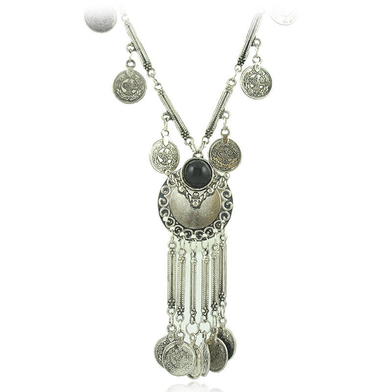 Retro Antique Silver Color Tibetan style Long Coins Boho Necklace Tassel Pendant Necklace for women Jewelry