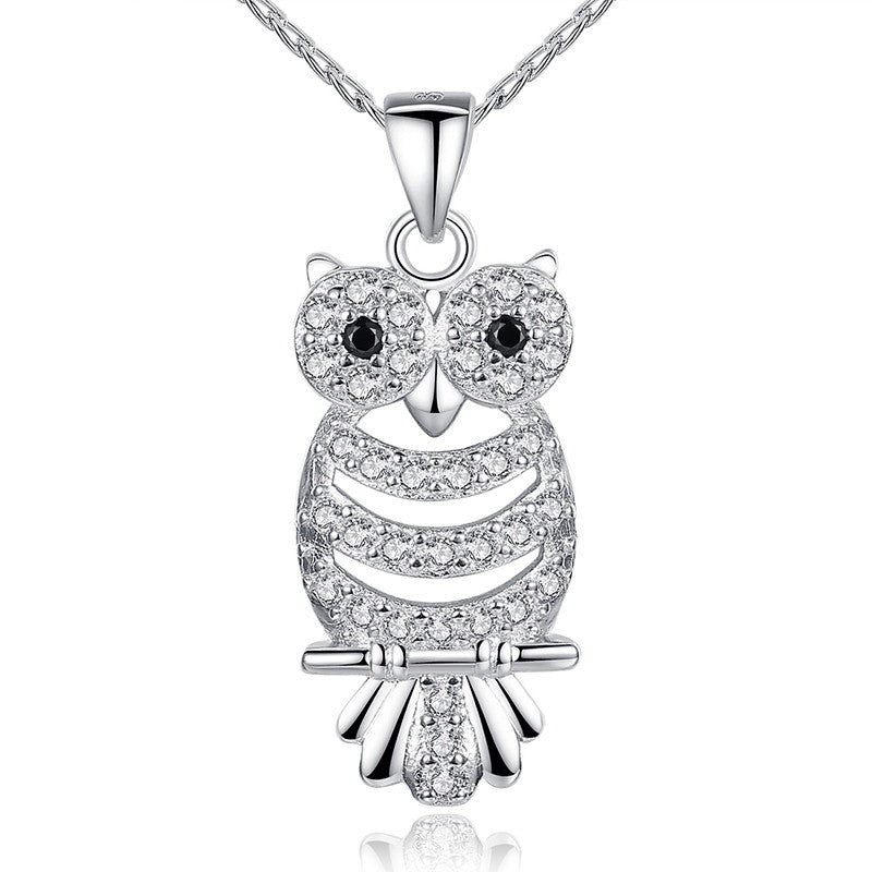 Retro Owl Pendant Necklace with AAA Austrian Zircon 18K White Gold Plated Women Clothing Accessories