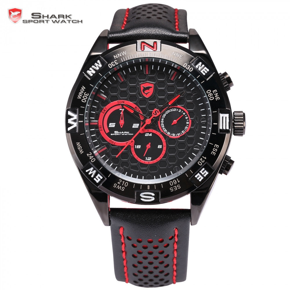 Shortfin Shark Sport Watch 2nd Generation Speedy Leather Band Red Black Dial Dual Time Zone Date 24Hr Mens Quartz Watches