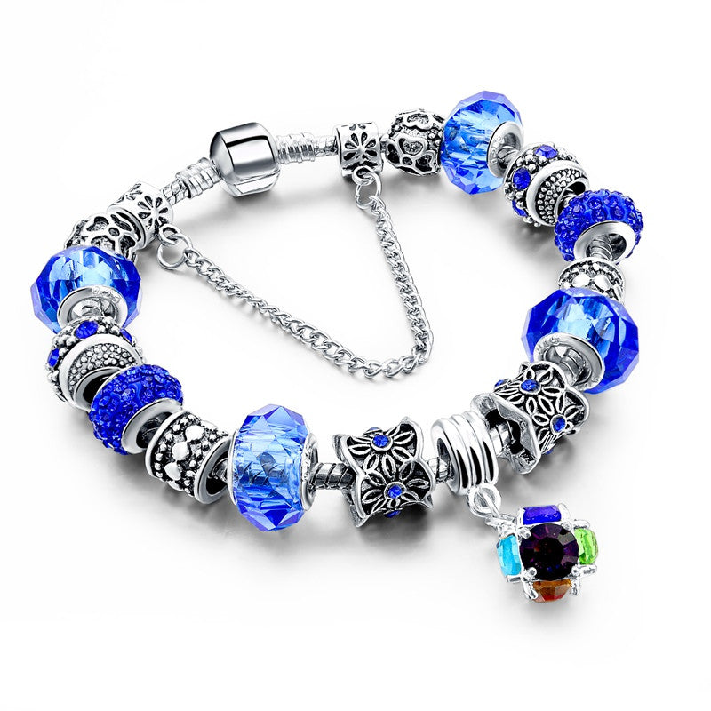 Silver DIY Jewelry Charm Flower Beads Bracelet Femme With Murano Purple Glass&Crystal Beads Pulseras