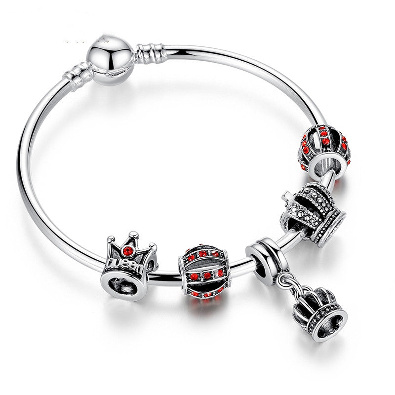 Simple 925 Silver Charm Bangle & Bracelet with Royal Crown Pendant & Red Crystal Ball Friendship Bracelet