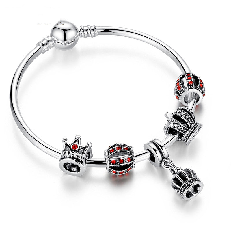 Fashion Simple 925 Silver Charm Bangle & Bracelet with Royal Crown Pendant & Red Crystal Ball Friendship Bracelet