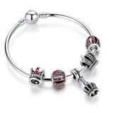 Simple 925 Silver Charm Bangle & Bracelet with Royal Crown Pendant & Red Crystal Ball Friendship Bracelet