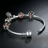 Simple 925 Silver Charm Bangle & Bracelet with Royal Crown Pendant & Red Crystal Ball Friendship Bracelet