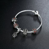 Simple 925 Silver Charm Bangle & Bracelet with Royal Crown Pendant & Red Crystal Ball Friendship Bracelet
